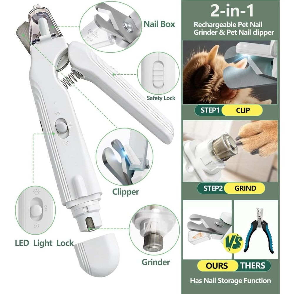 2-in-1 Pet Nail Clipper & Grinder with LED Lights USB Rechargeable Cats Dogs